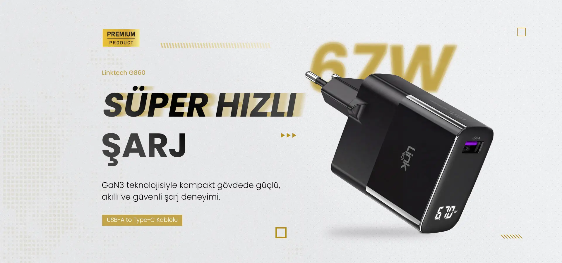G860 Premium Tip-C Kablolu 67W Süper SI Şarj Adaptörü